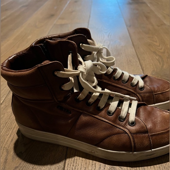 Prada - Saffiano Brown Leather Hightops - Picture 2 of 9
